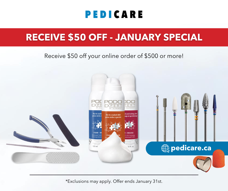 Pedicare advertisement with promotional offer and nail care products on a white background - January Special promotion